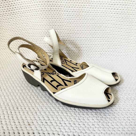 Fly London White Patent Upper Popa Wrap Ankle Peep Toe Low Wedge Sandals 41 - Picture 1 of 9
